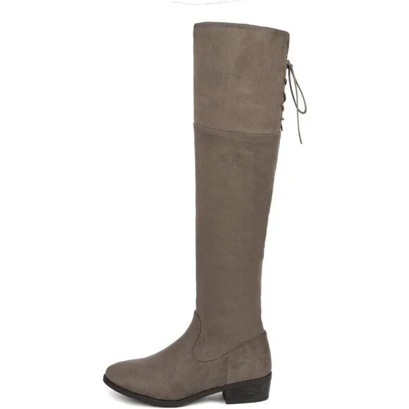 Women Khaki Textile Over The Knee High Low Block Heel Pointed Toe Riding Boot - Picture 2 of 6